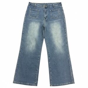 FAV Wide Leg Patch Pocket Jeans Women's Size 14 Blue High Rise Retro Flare Boho